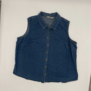 Cherokee Shirt Women 22W Blue Regular Fit Chambray Sleeveless Collar Button Down